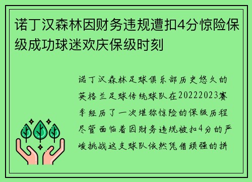 诺丁汉森林因财务违规遭扣4分惊险保级成功球迷欢庆保级时刻